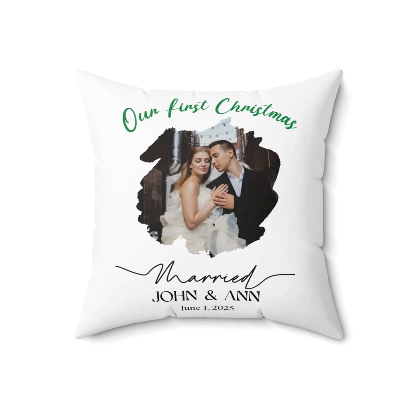 Personalized Photo Pillow – Custom Names & Occasion featuring a couple on their first Christmas.