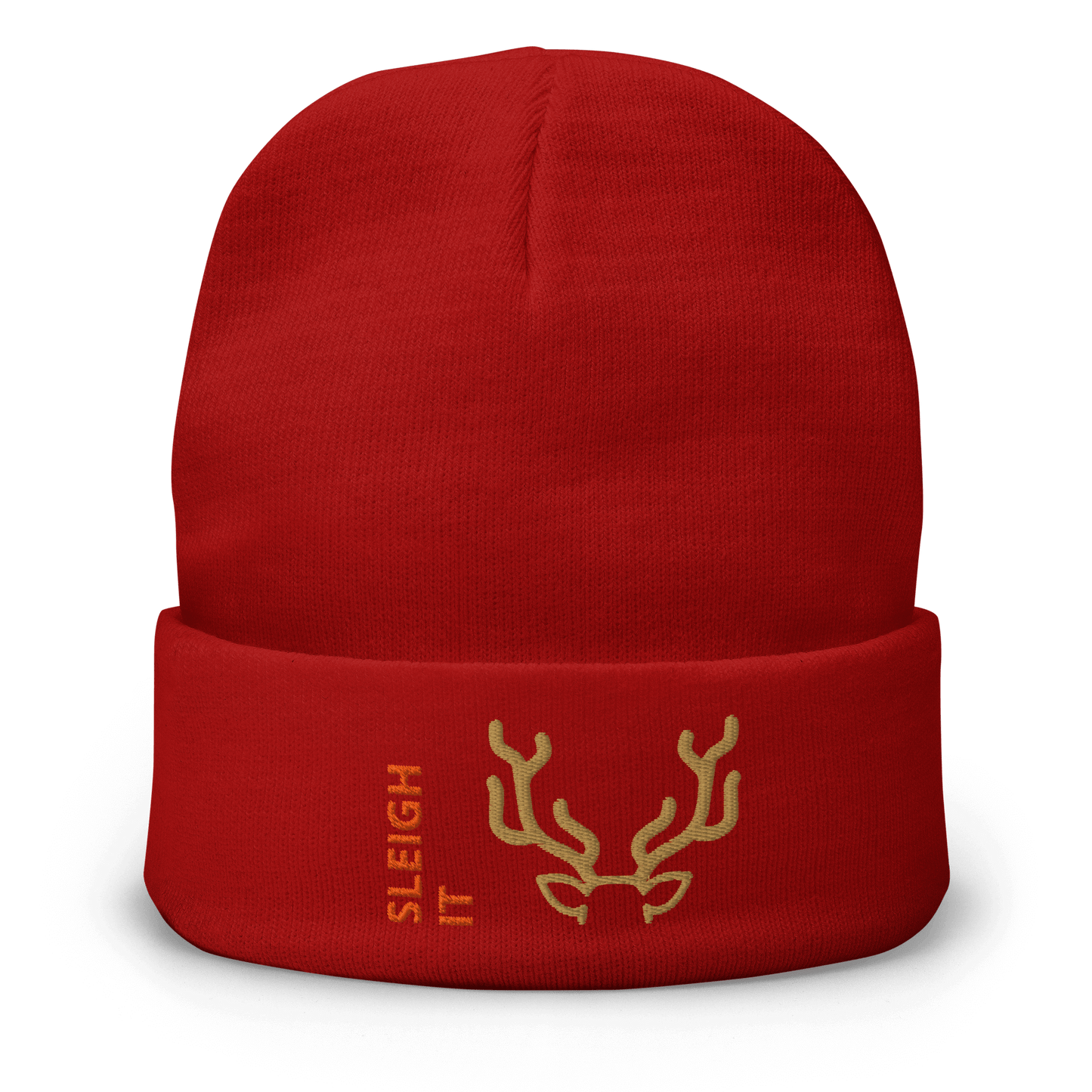 Embroidered Beanie – Cozy Personalized Winter Hat in festive red with antler design and 'SLEIGH IT' text.