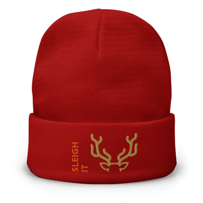 Embroidered Beanie – Cozy Personalized Winter Hat in festive red with antler design and 'SLEIGH IT' text.