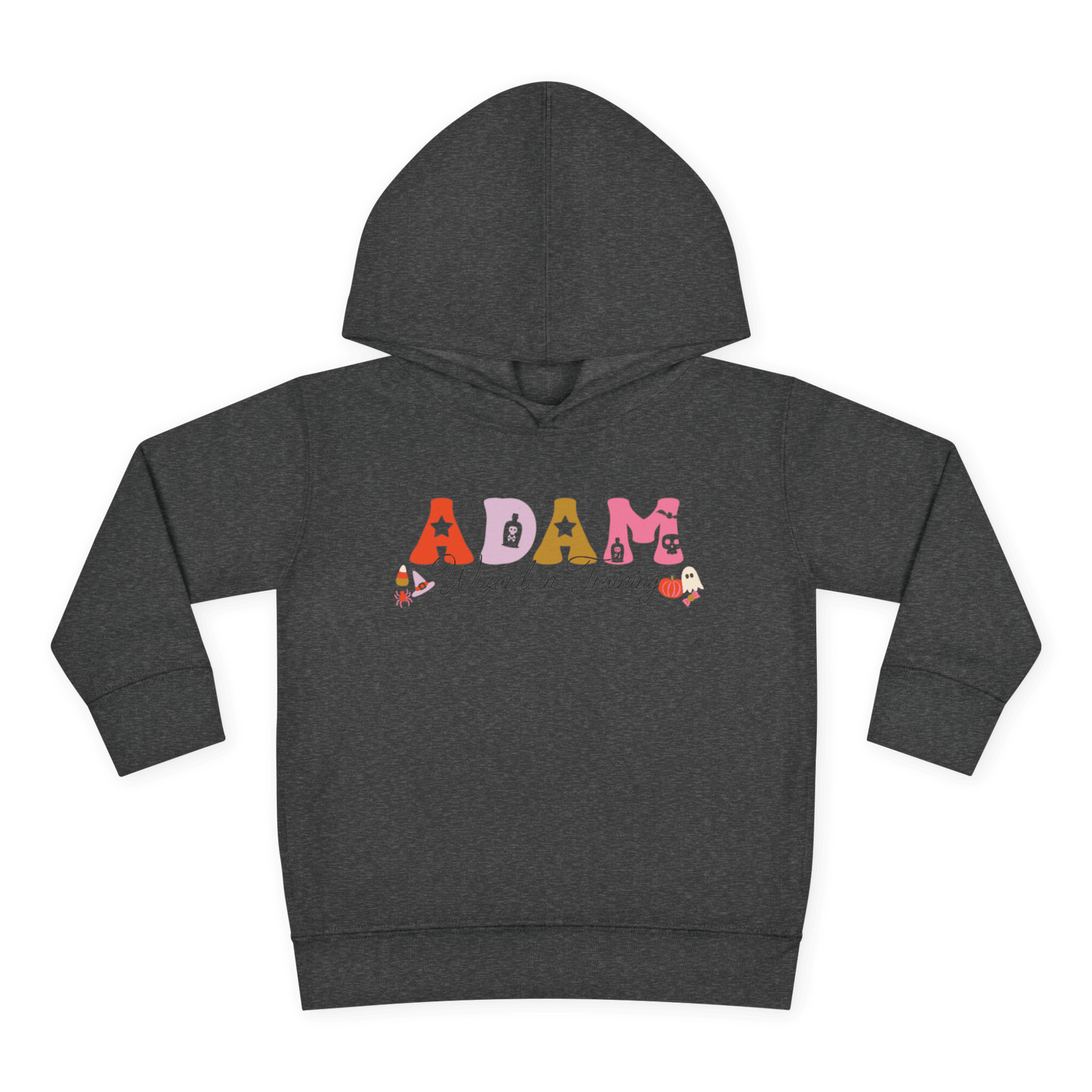 Spooky Toddler Hoodie – Personalized Halloween Pullover for Your Little Boo with name Adam and spooky designs.