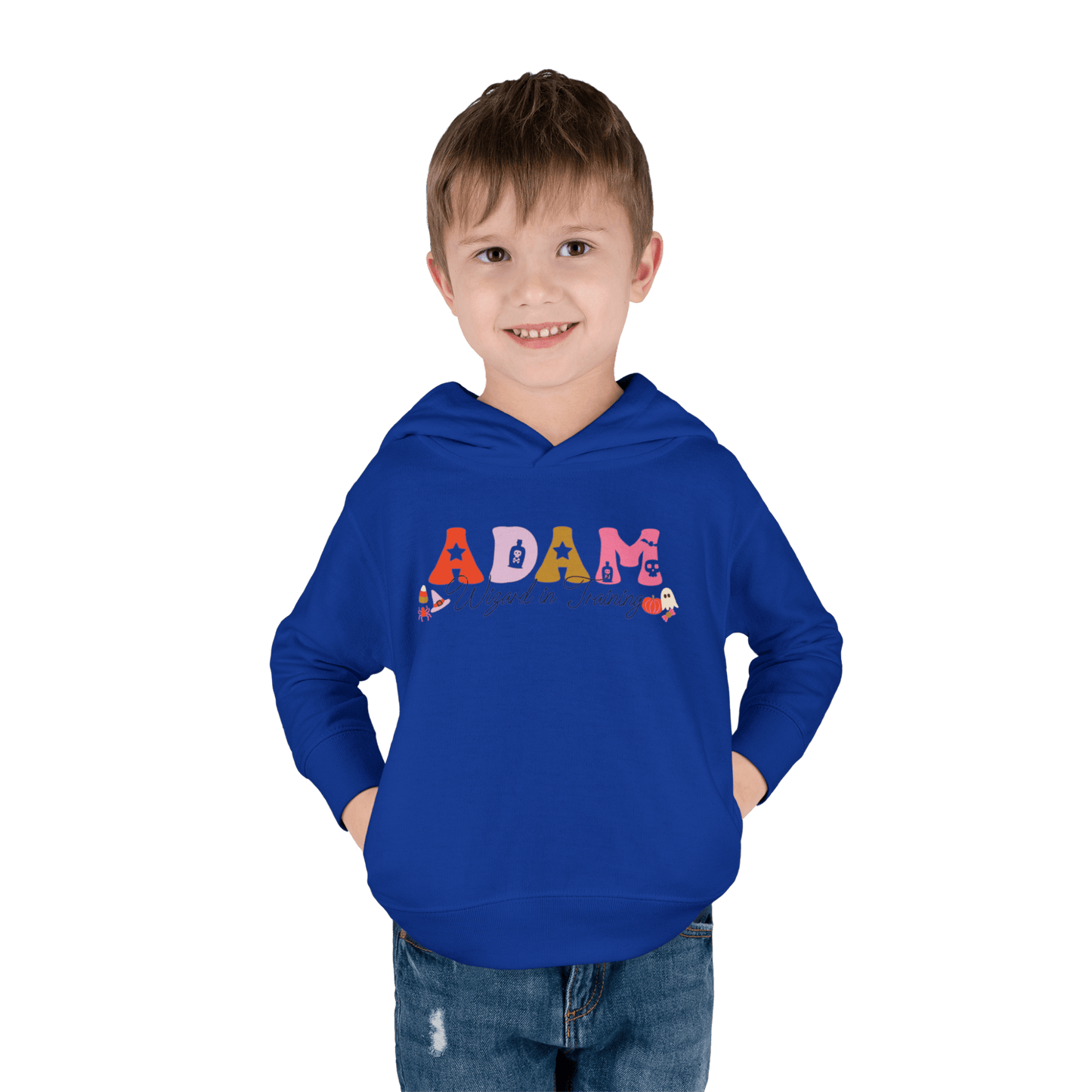 Spooky Toddler Hoodie – Personalized Halloween Pullover for Your Little Boo in blue worn by a smiling boy.