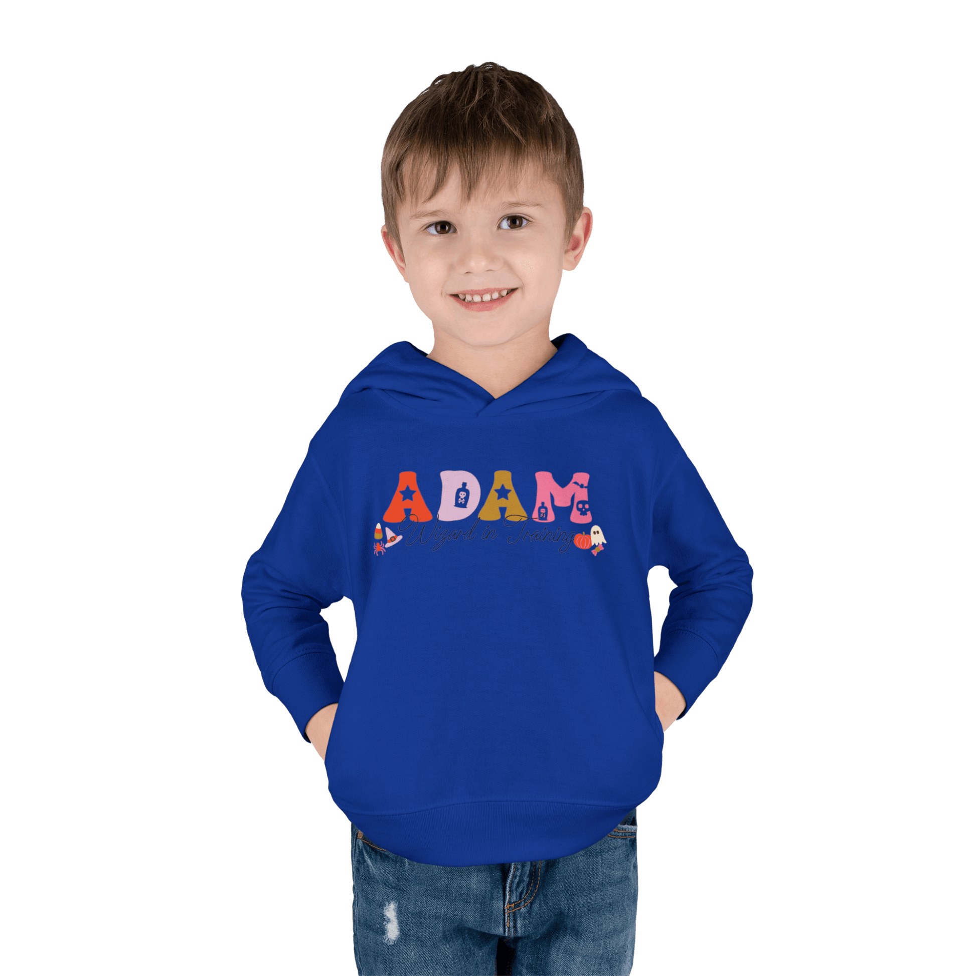 Spooky Toddler Hoodie – Personalized Halloween Pullover for Your Little Boo in blue worn by a smiling boy.