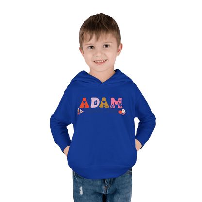 Spooky Toddler Hoodie – Personalized Halloween Pullover for Your Little Boo in blue worn by a smiling boy.