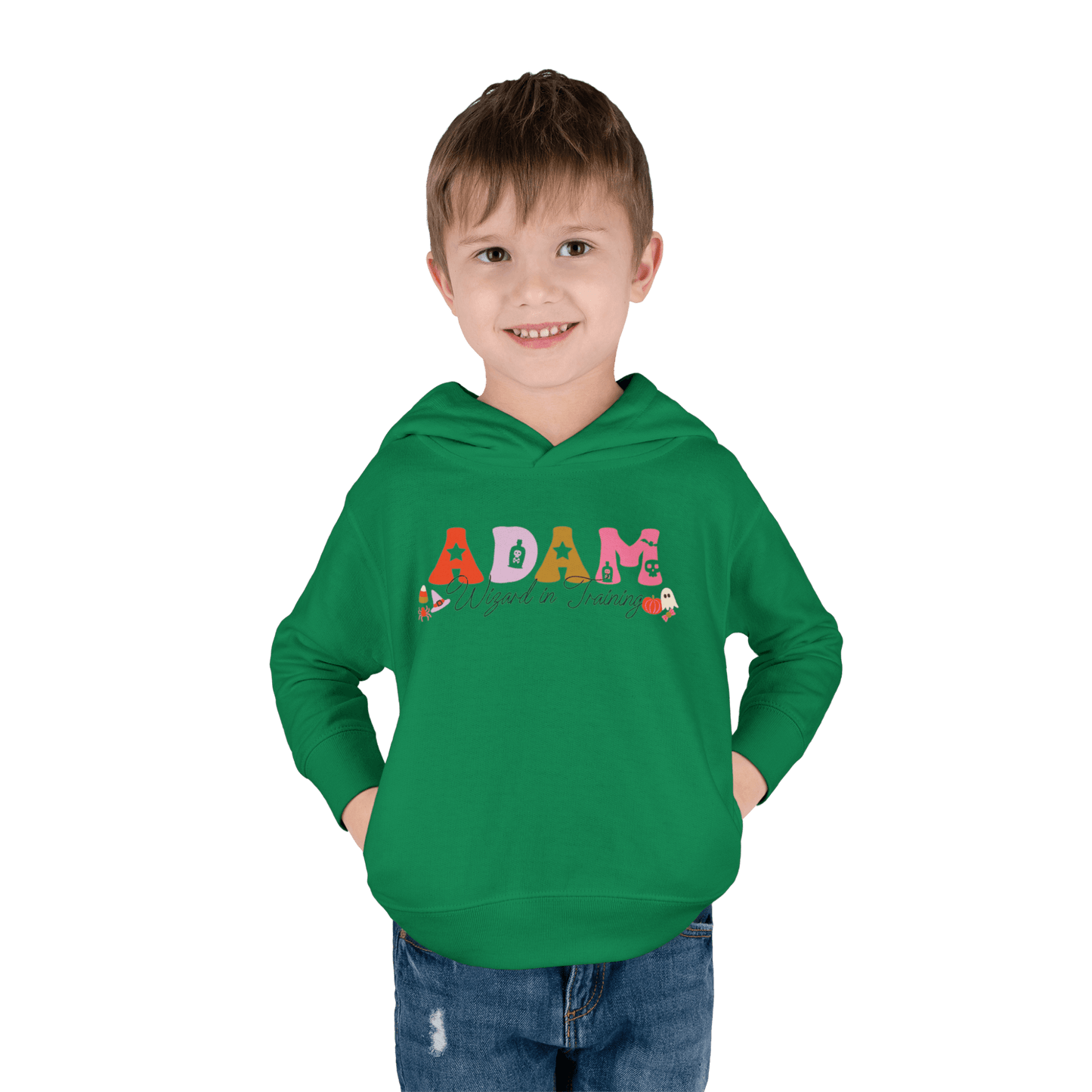 Spooky Toddler Hoodie – Personalized Halloween Pullover for Your Little Boo for a child named Adam smiling.