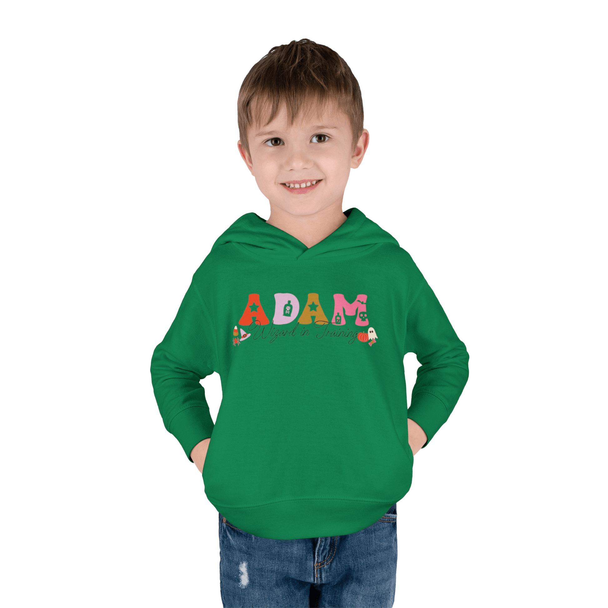 Spooky Toddler Hoodie – Personalized Halloween Pullover for Your Little Boo for a child named Adam smiling.