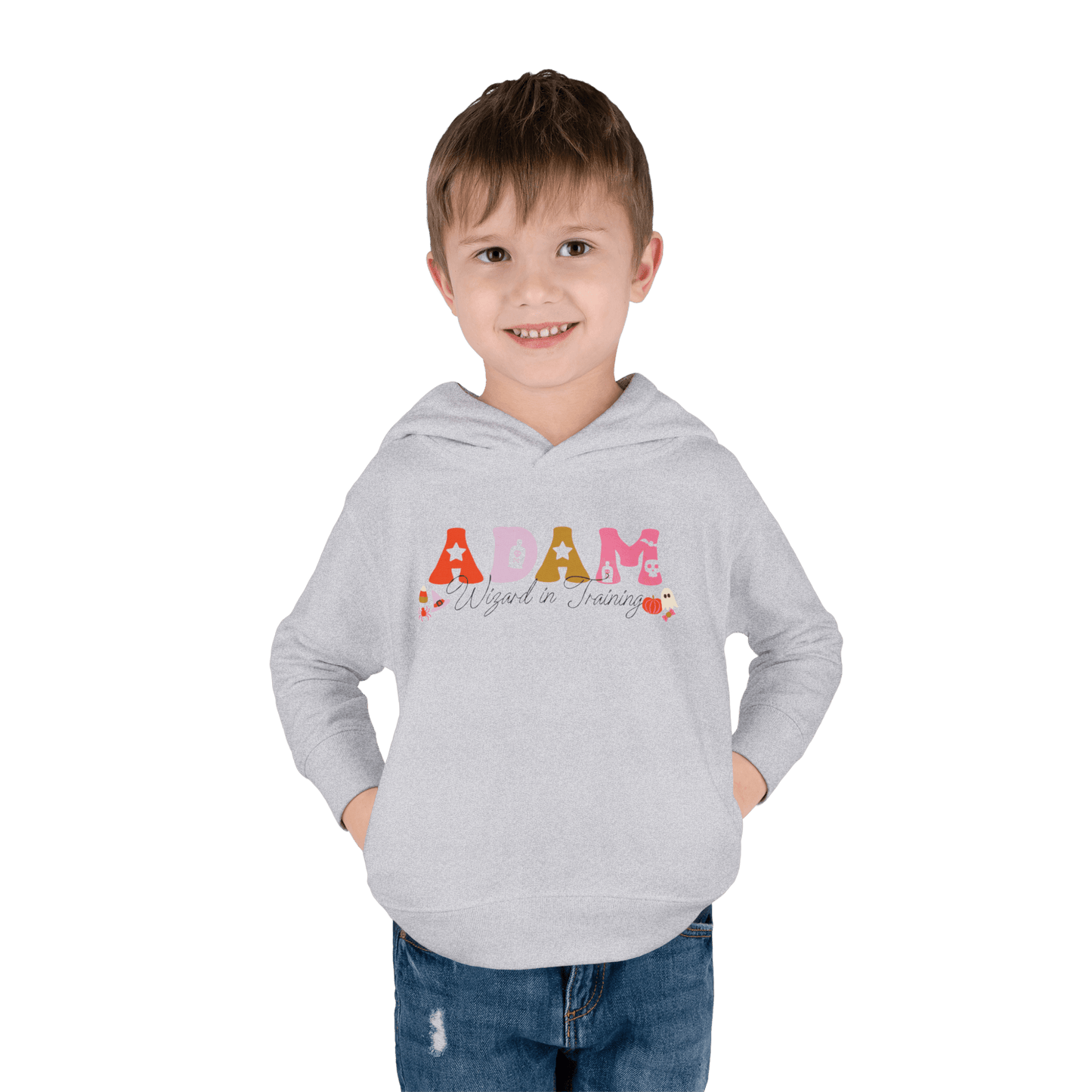 Spooky Toddler Hoodie – Personalized Halloween Pullover for Your Little Boo worn by a smiling boy named Adam.