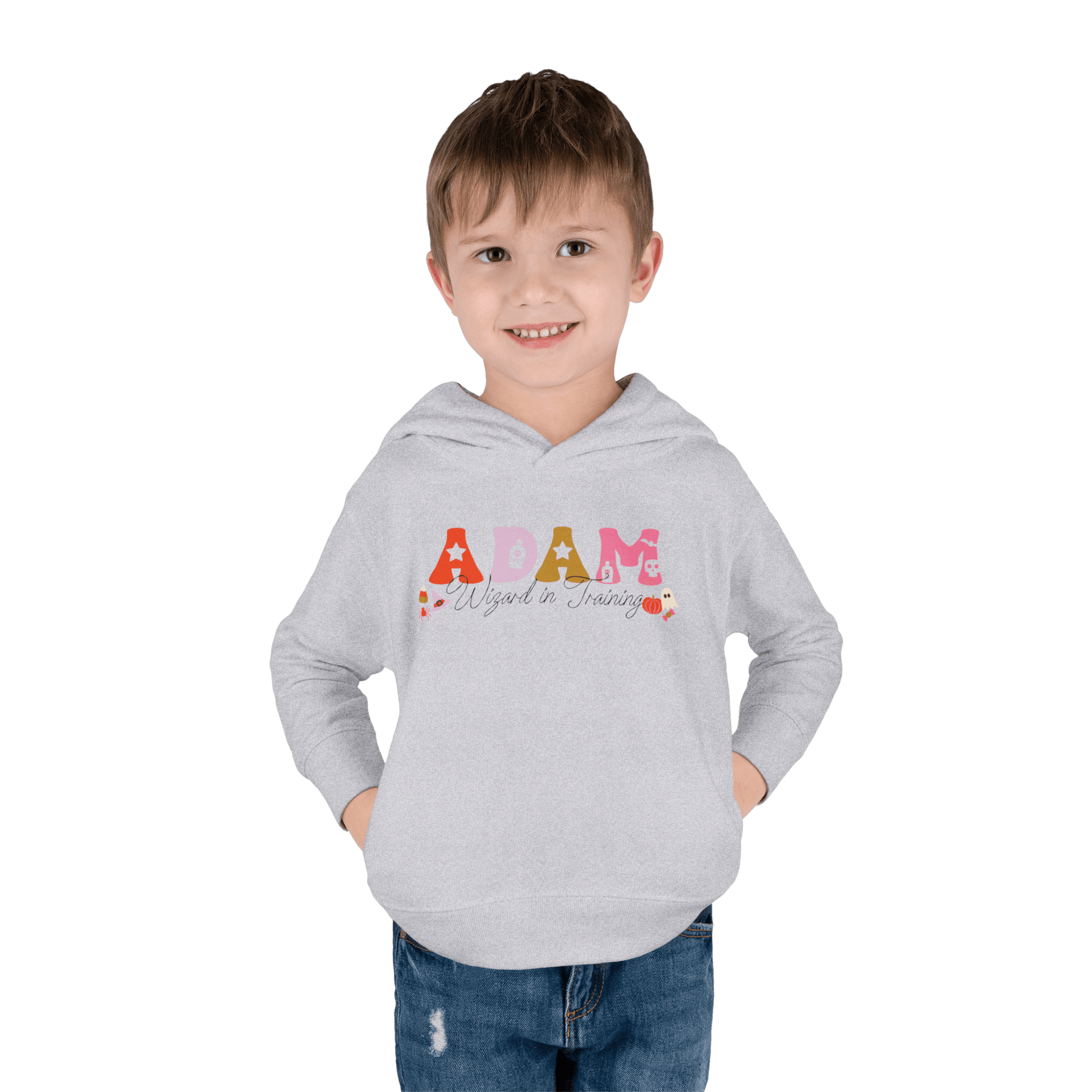 Spooky Toddler Hoodie – Personalized Halloween Pullover for Your Little Boo worn by a smiling boy named Adam.