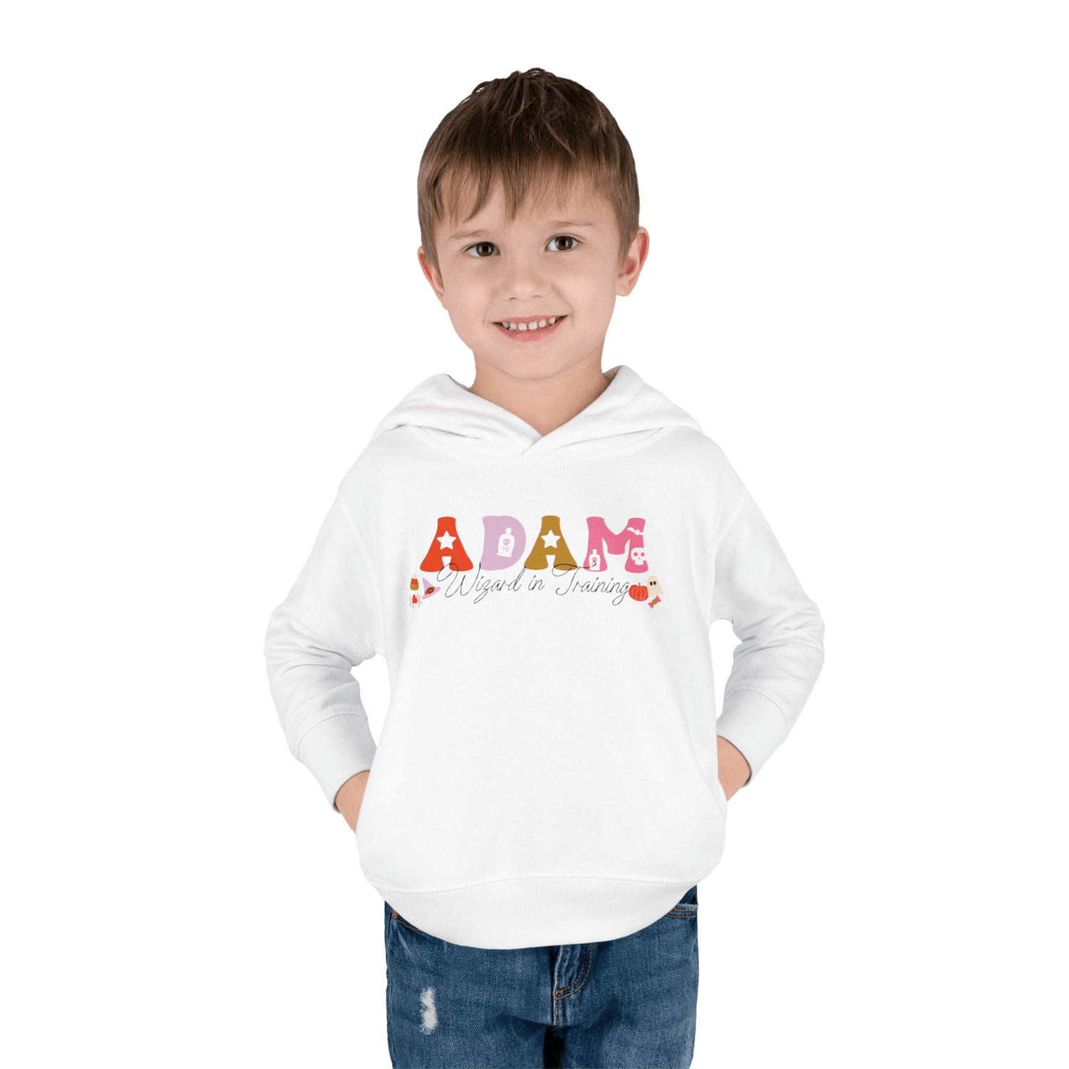Spooky Toddler Hoodie – Personalized Halloween Pullover for Your Little Boo worn by a smiling boy named Adam.