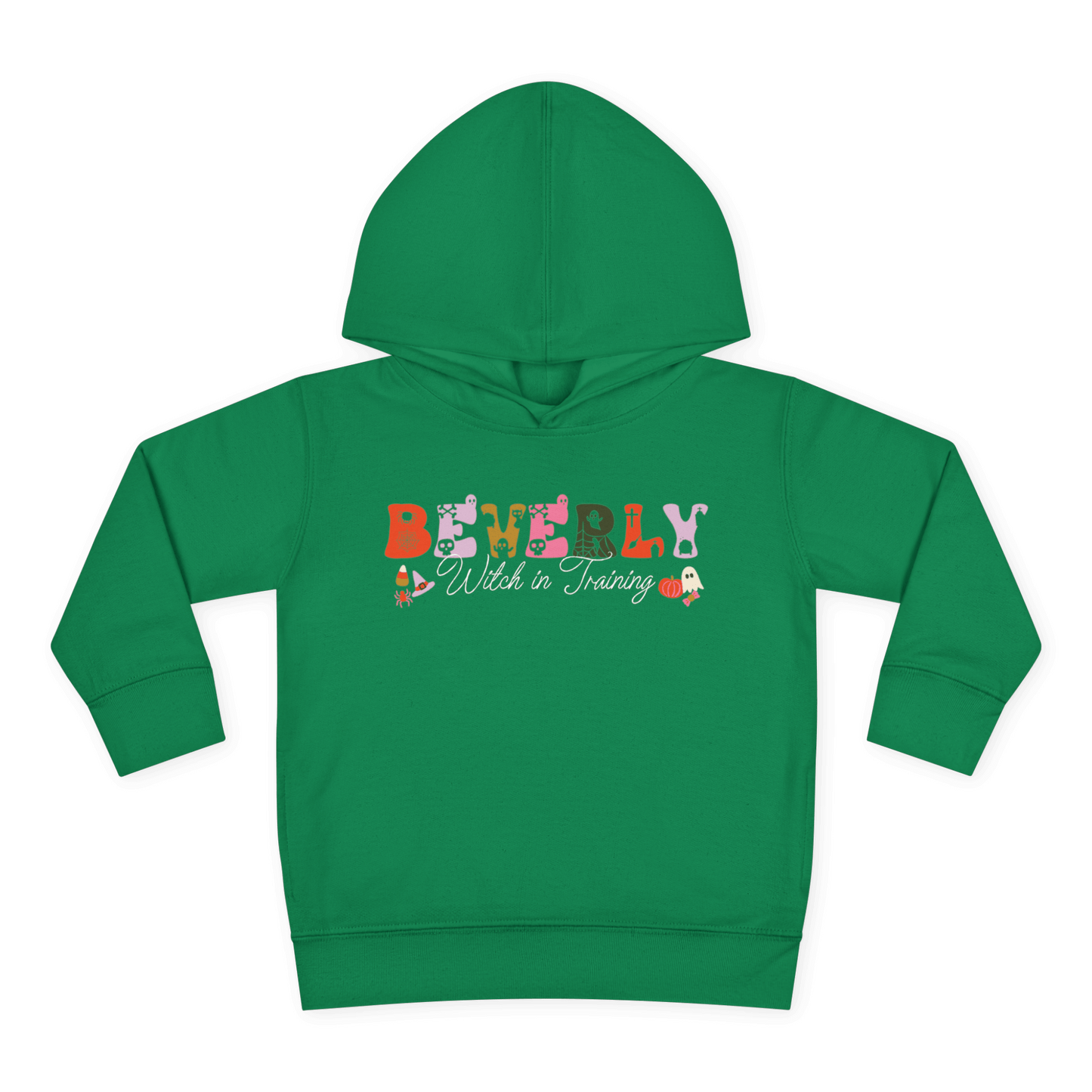 Spooky Toddler Hoodie – Personalized Halloween Pullover for Your Little Boo in green with "Beverly Witch in Training" design.
