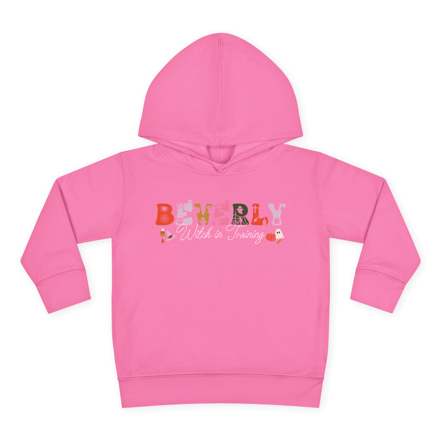 Spooky Toddler Hoodie – Personalized Halloween Pullover for Your Little Boo in pink with 'Beverly Witch in Training' design.