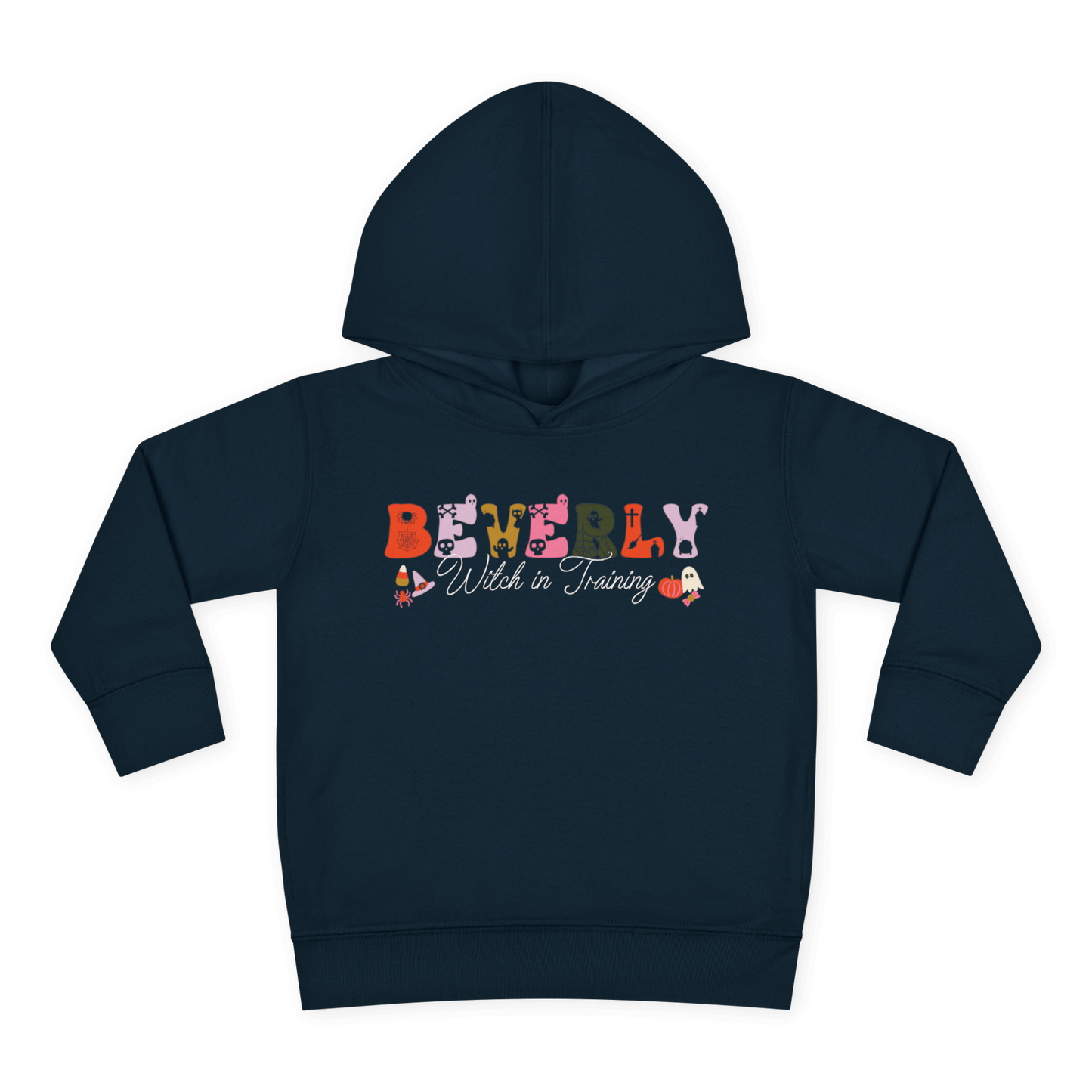 Spooky Toddler Hoodie – Personalized Halloween Pullover for Your Little Boo featuring name Beverly and Witch in Training design.
