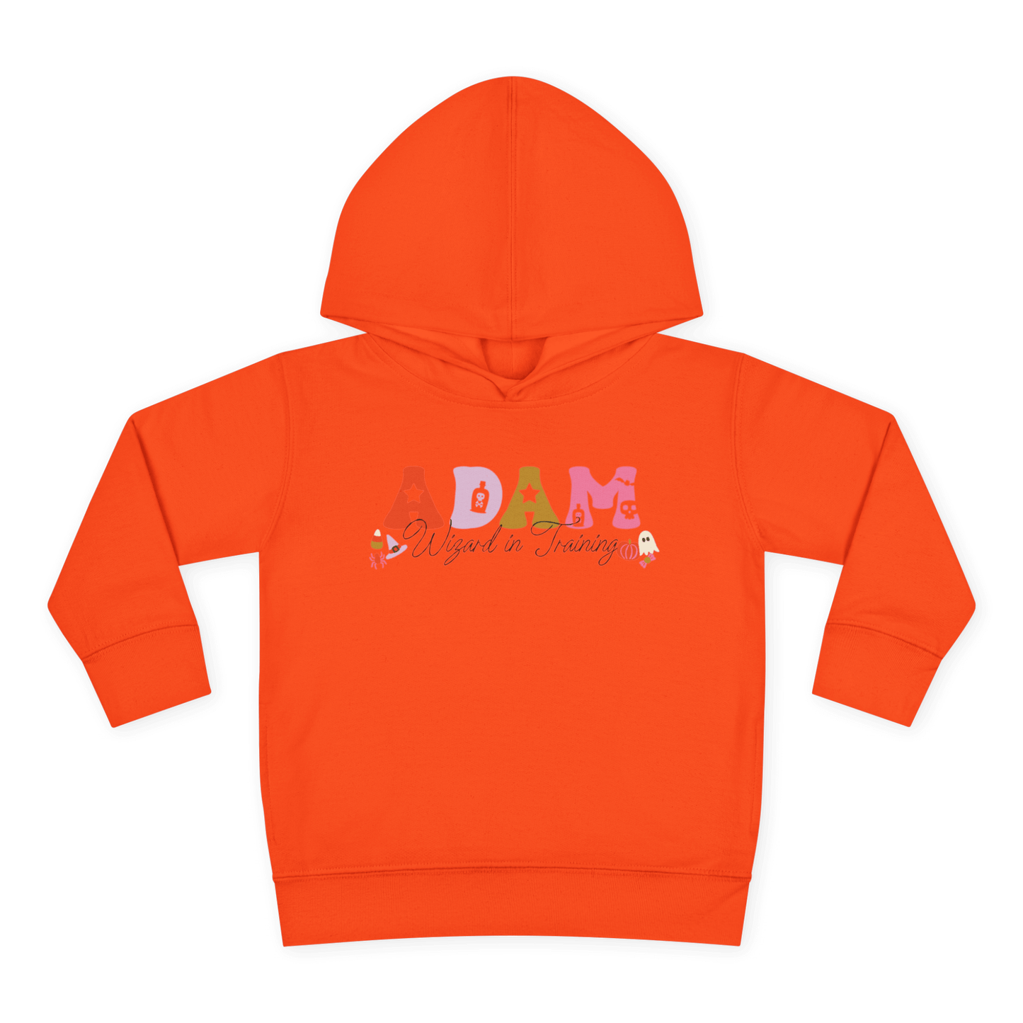 Spooky Toddler Hoodie – Personalized Halloween Pullover for Your Little Boo in orange with name Adam.