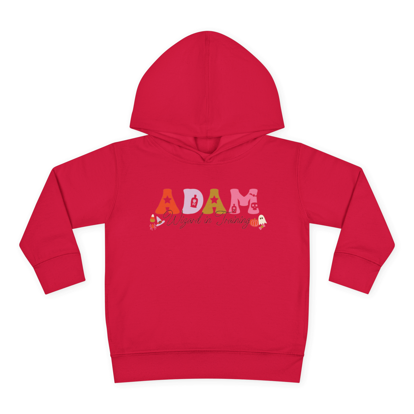 Spooky Toddler Hoodie – Personalized Halloween Pullover for Your Little Boo in red with name Adam and ghosts.