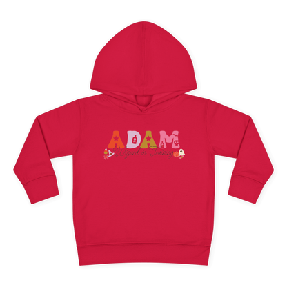 Spooky Toddler Hoodie – Personalized Halloween Pullover for Your Little Boo in red with name Adam and ghosts.