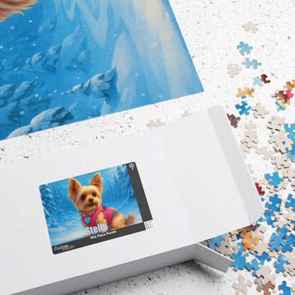 Winter Cartoon Puzzle – Personalized Disney-Style Keepsake with dog photo puzzle pieces and packaging.
