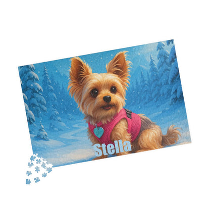 Winter Cartoon Puzzle – Personalized Disney-Style Keepsake featuring a Yorkie in a snowy landscape with the name Stella.