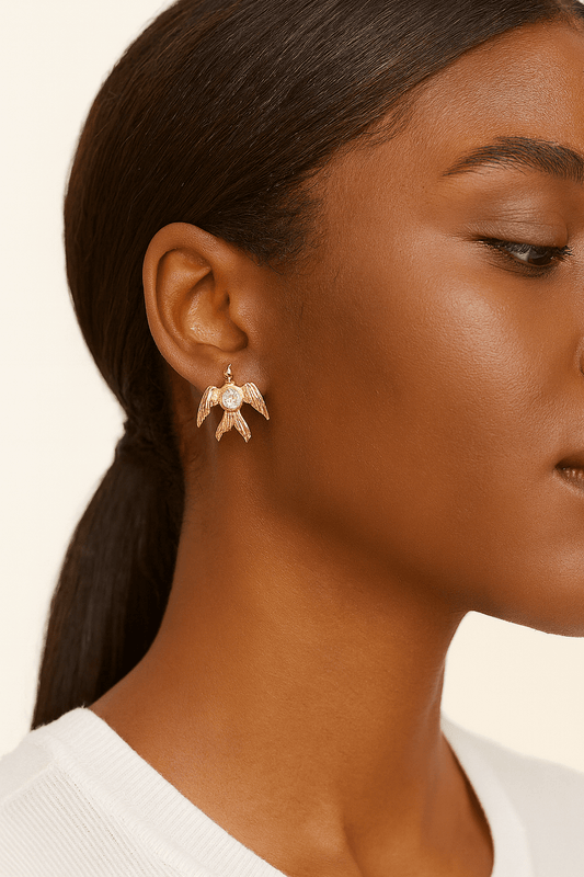 Phoenix Rising Studs with Angel Wings and Lavender Crystal Sparkle displayed on a model's ear.