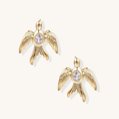 Phoenix Rising Studs with Angel Wings and Lavender Crystal Sparkle featuring angel wing design with lavender zirconia.