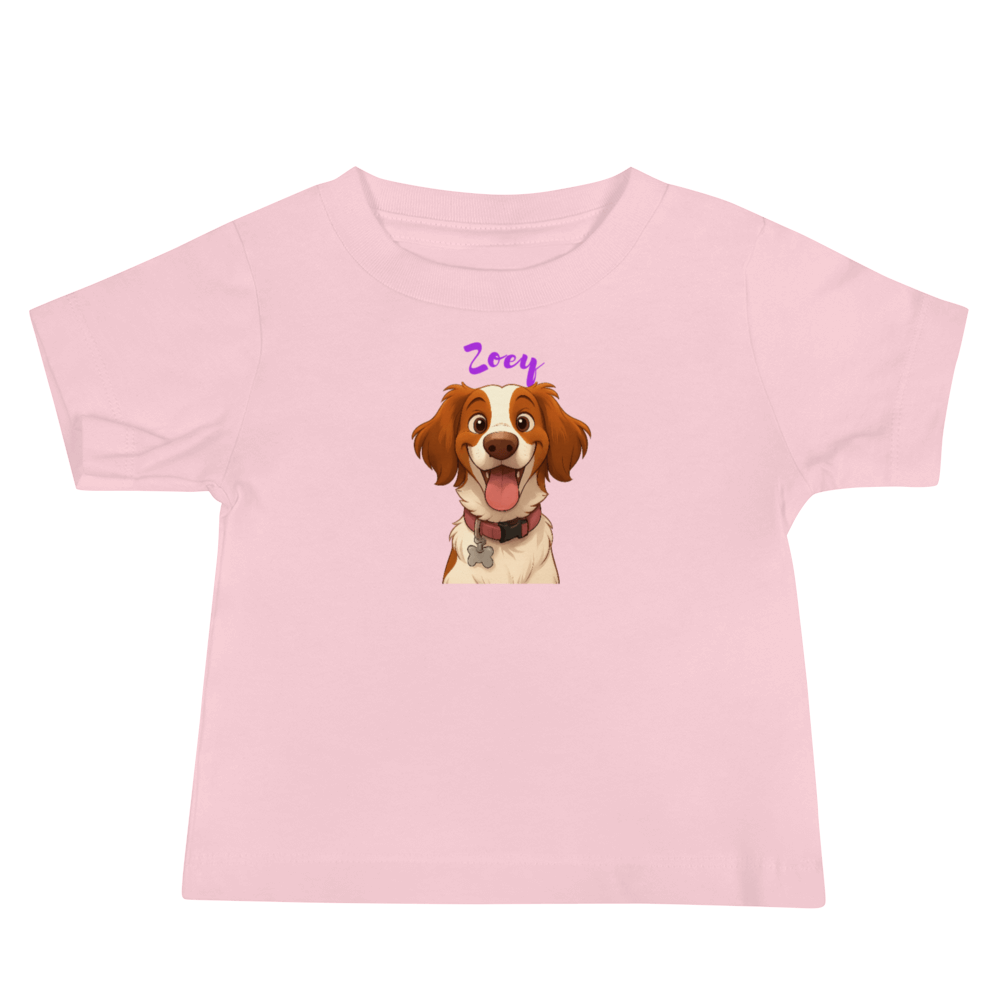 Custom pink baby tee featuring cartoon dog Zoey, personalized with a cheerful Disney-inspired design.