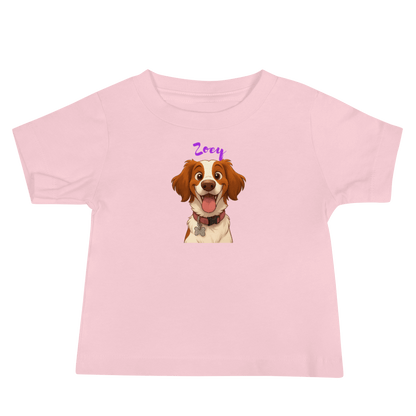 Custom pink baby tee featuring cartoon dog Zoey, personalized with a cheerful Disney-inspired design.