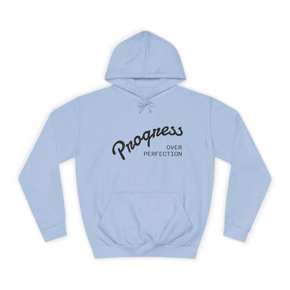 Custom College Hoodie – Add Your Photos, Text & Emojis Your Way in light blue with "Progress Over Perfection" design.