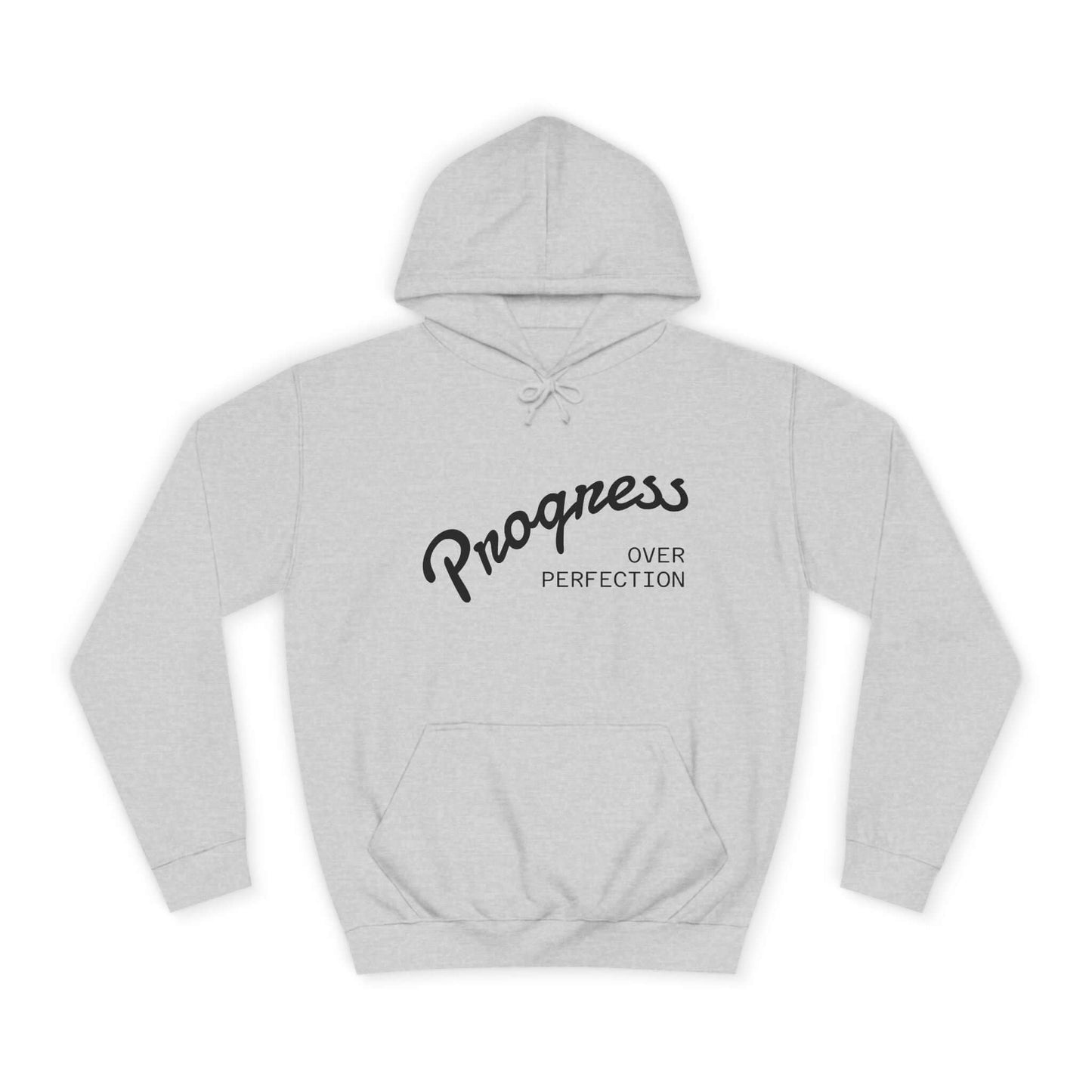 Custom College Hoodie – Add Your Photos, Text & Emojis Your Way featuring 'Progress Over Perfection' design.