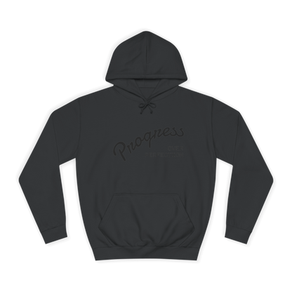 Custom College Hoodie – Add Your Photos, Text & Emojis Your Way in dark gray with "Progress over Perfection" design.