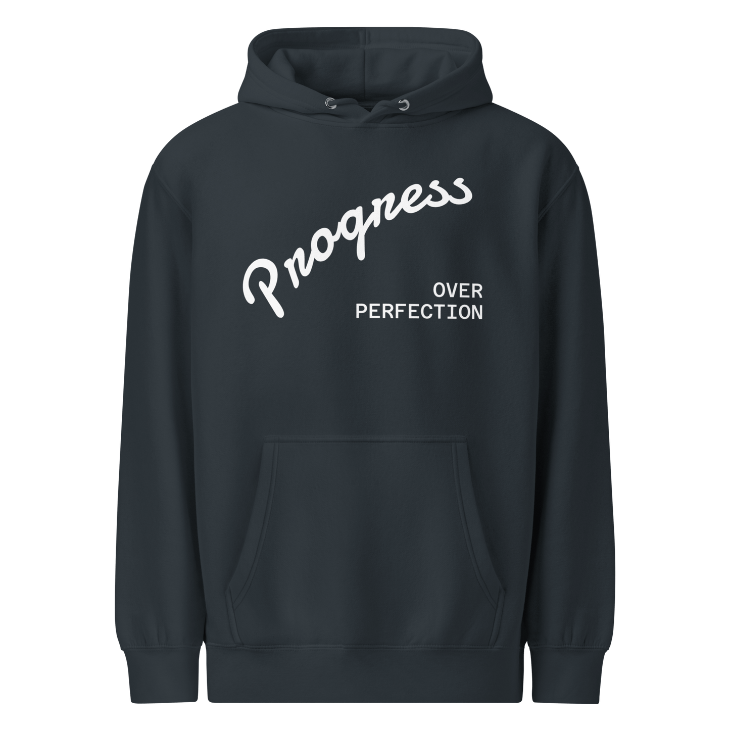 Affirmation Arc Hoodie – Custom Mantra & Value with 'Progress Over Perfection' text design.