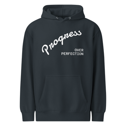 Affirmation Arc Hoodie – Custom Mantra & Value with 'Progress Over Perfection' text design.