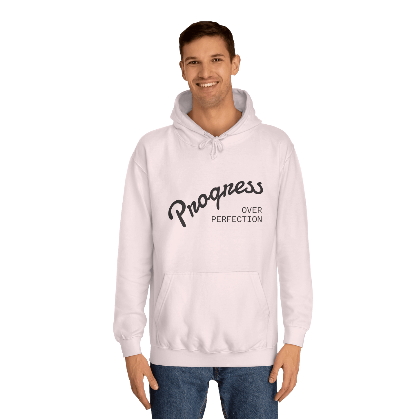 Custom College Hoodie – Add Your Photos, Text & Emojis Your Way worn by a smiling man with 'Progress Over Perfection' text.