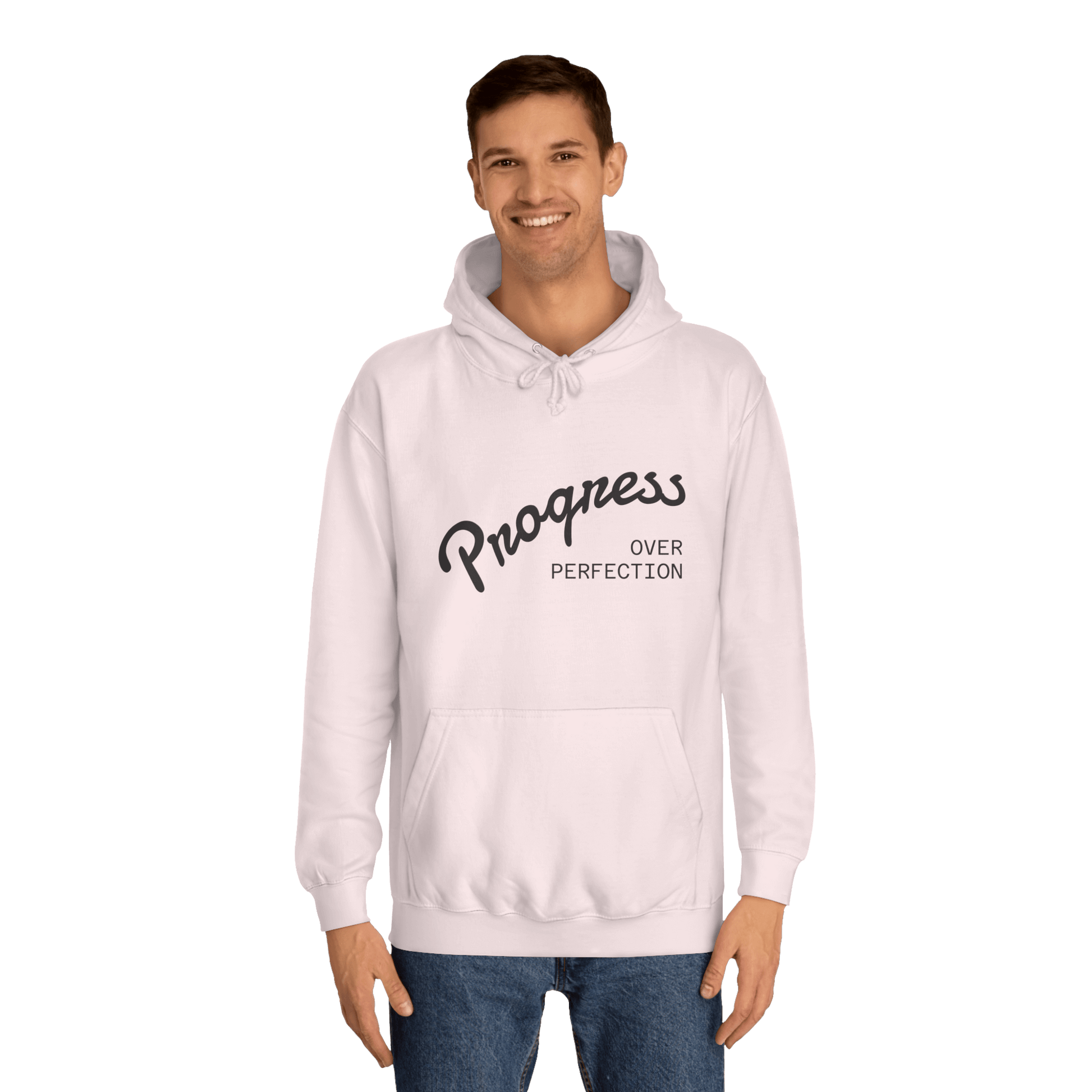 Custom College Hoodie – Add Your Photos, Text & Emojis Your Way worn by a smiling man with 'Progress Over Perfection' text.