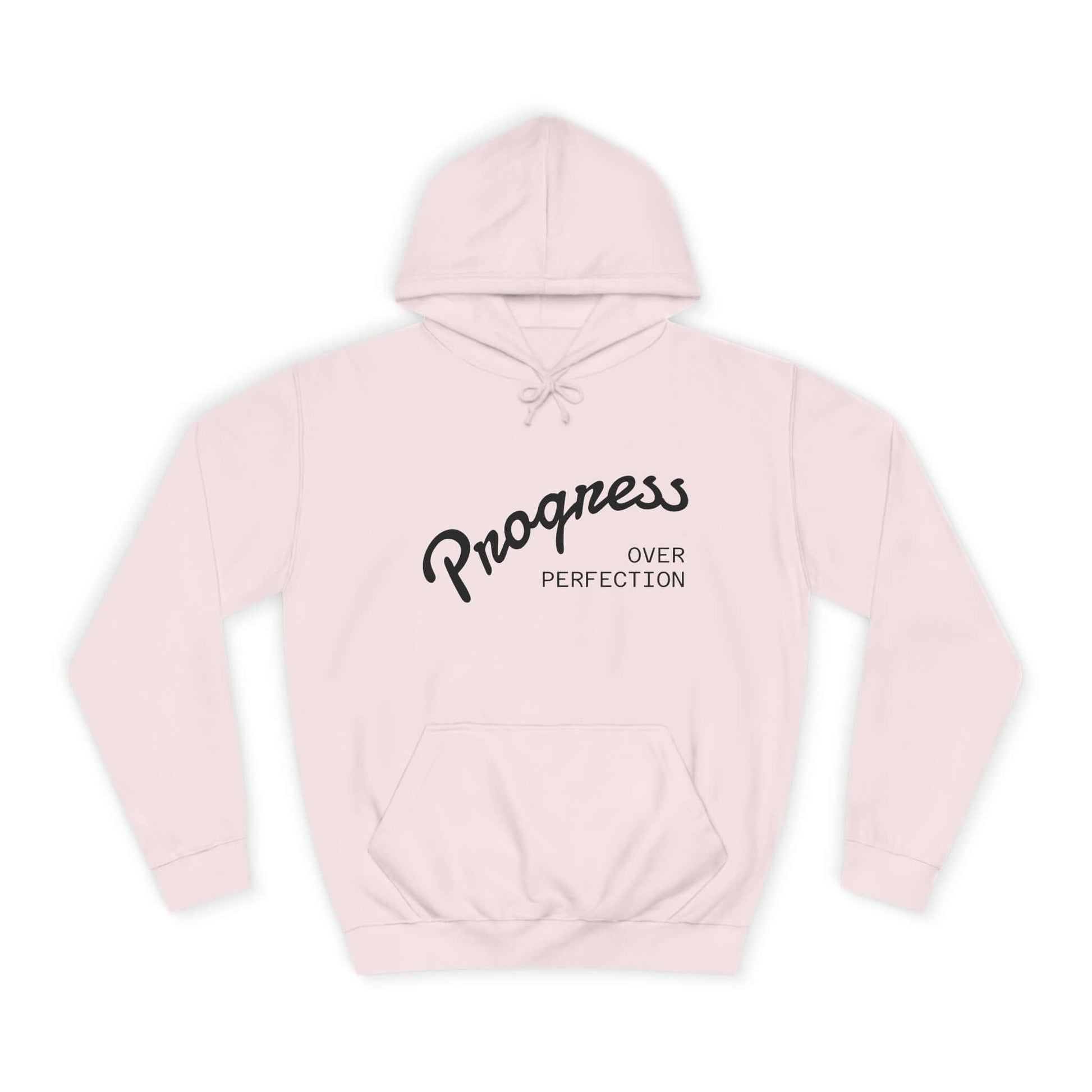 Custom College Hoodie – Add Your Photos, Text & Emojis Your Way in pink with 'Progress Over Perfection' design.