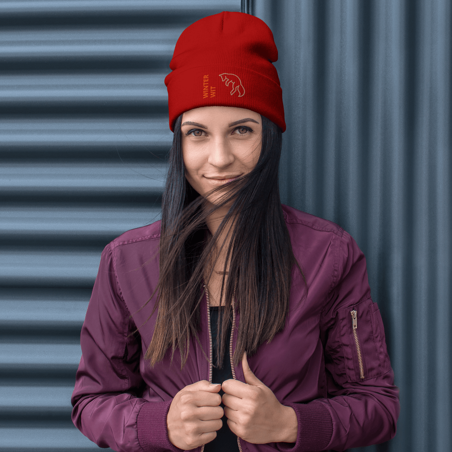 Fox Beanie – Embroidered Knit Hat with Custom Text worn by a model with a red hat and a stylish jacket.