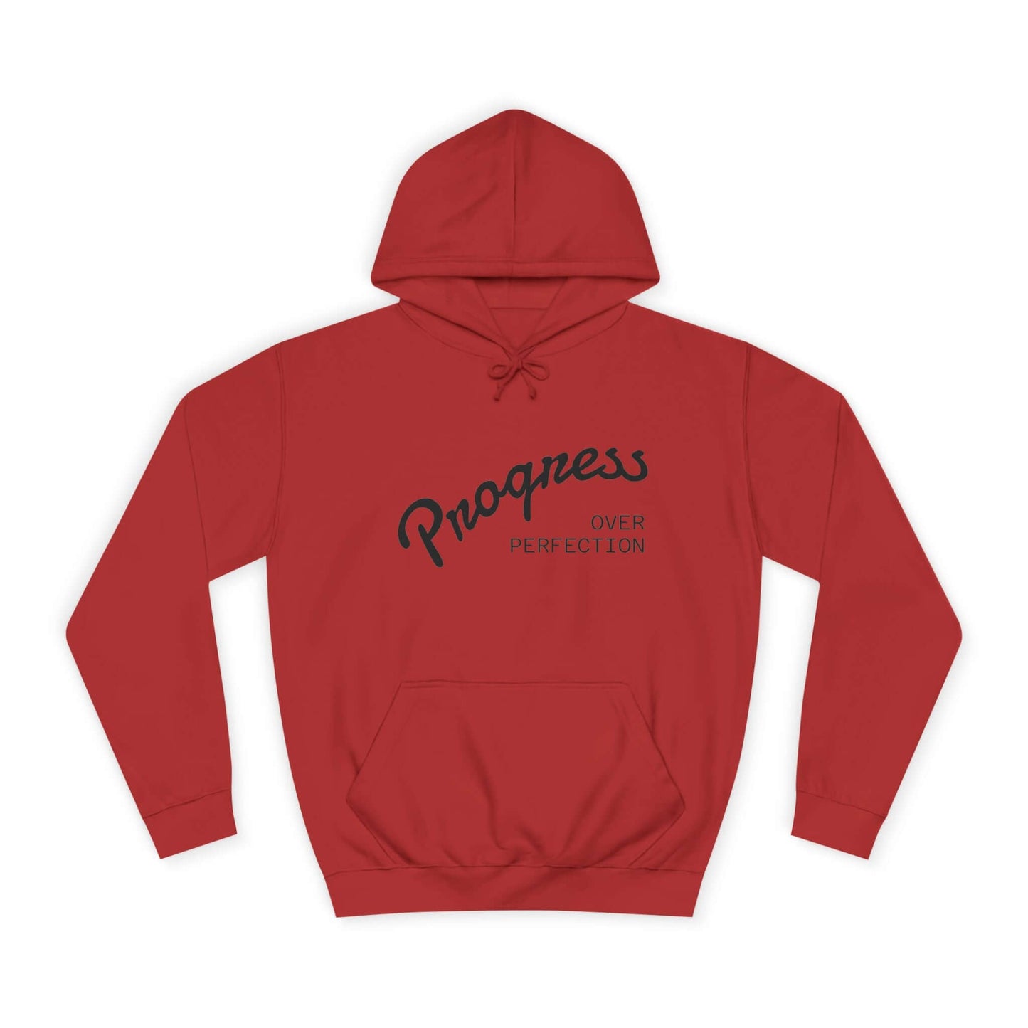 Custom College Hoodie – Add Your Photos, Text & Emojis Your Way in red with 'Progress Over Perfection' design.