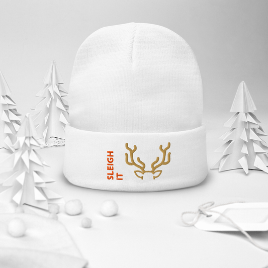 Embroidered Beanie – Cozy Personalized Winter Hat with sleigh graphic, perfect for winter celebrations.
