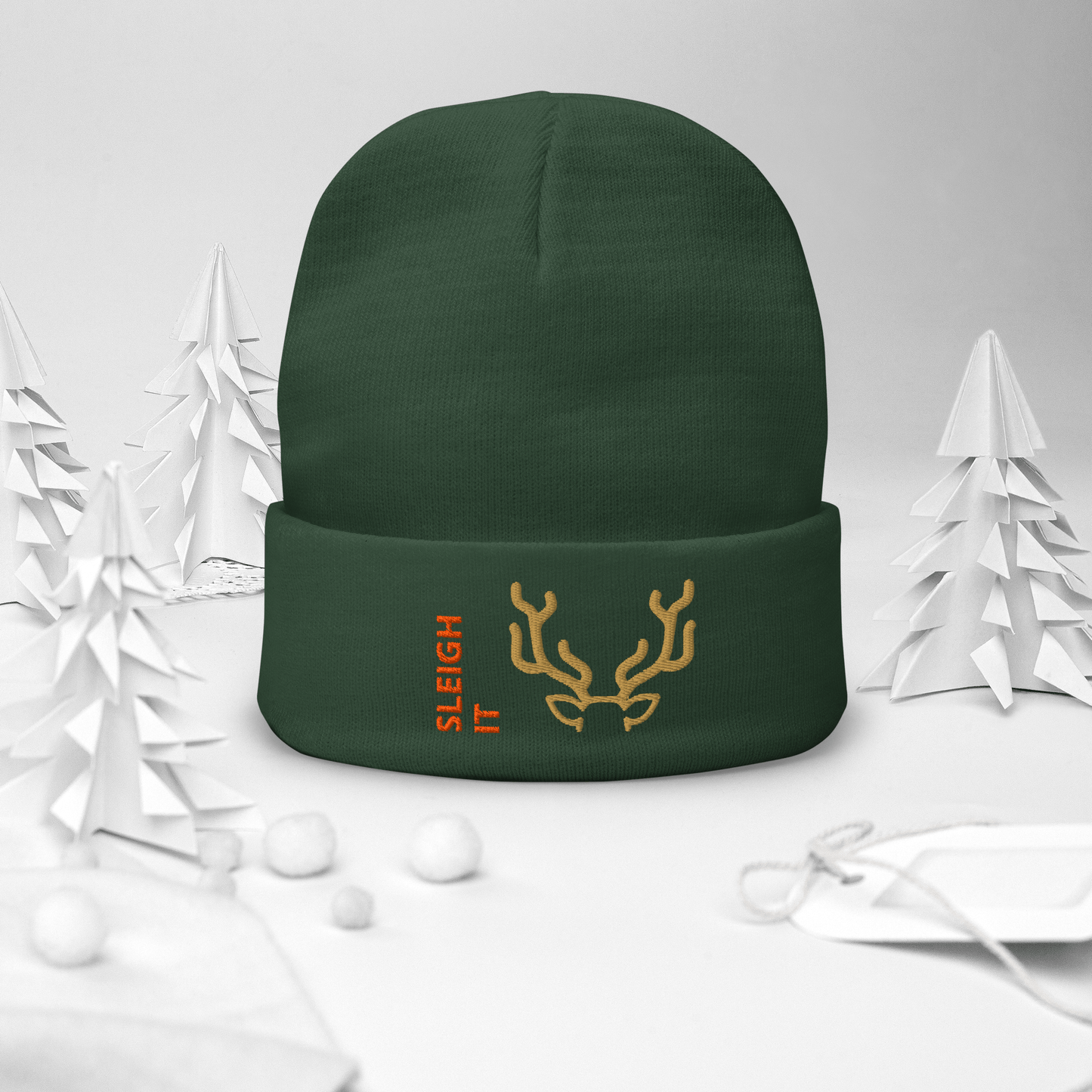 Embroidered Beanie – Cozy Personalized Winter Hat in dark green with 'SLEIGH IT' text and reindeer antlers design.