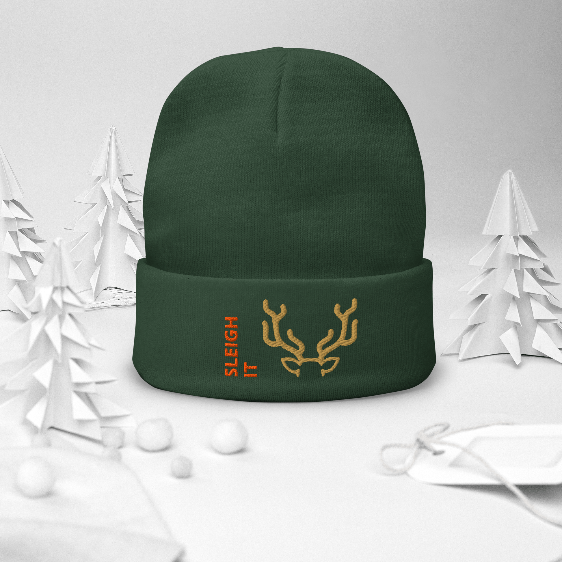 Embroidered Beanie – Cozy Personalized Winter Hat in dark green with 'SLEIGH IT' text and reindeer antlers design.