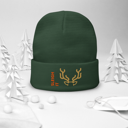 Embroidered Beanie – Cozy Personalized Winter Hat in dark green with 'SLEIGH IT' text and reindeer antlers design.