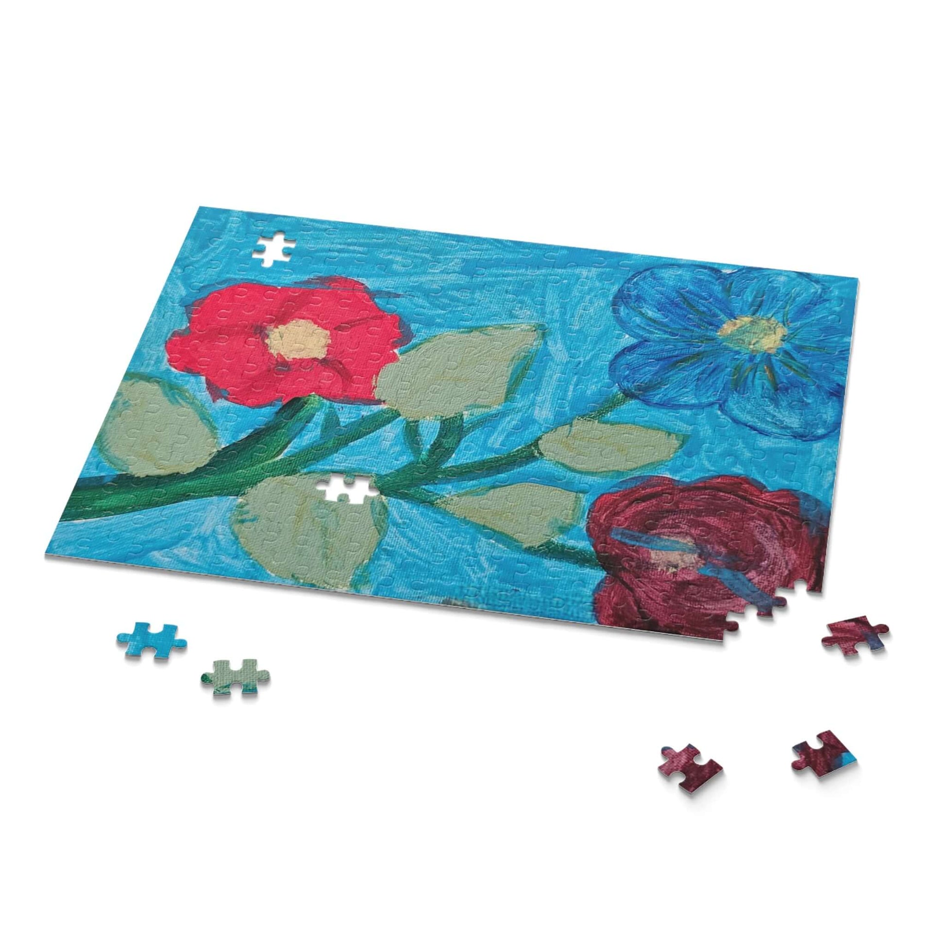Vibrant custom puzzle featuring colorful flowers on blue background, perfect for family fun and lasting memories.