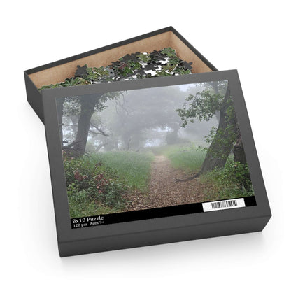 Custom puzzle box with chipboard pieces featuring a peaceful foggy path scene, perfect for family fun.