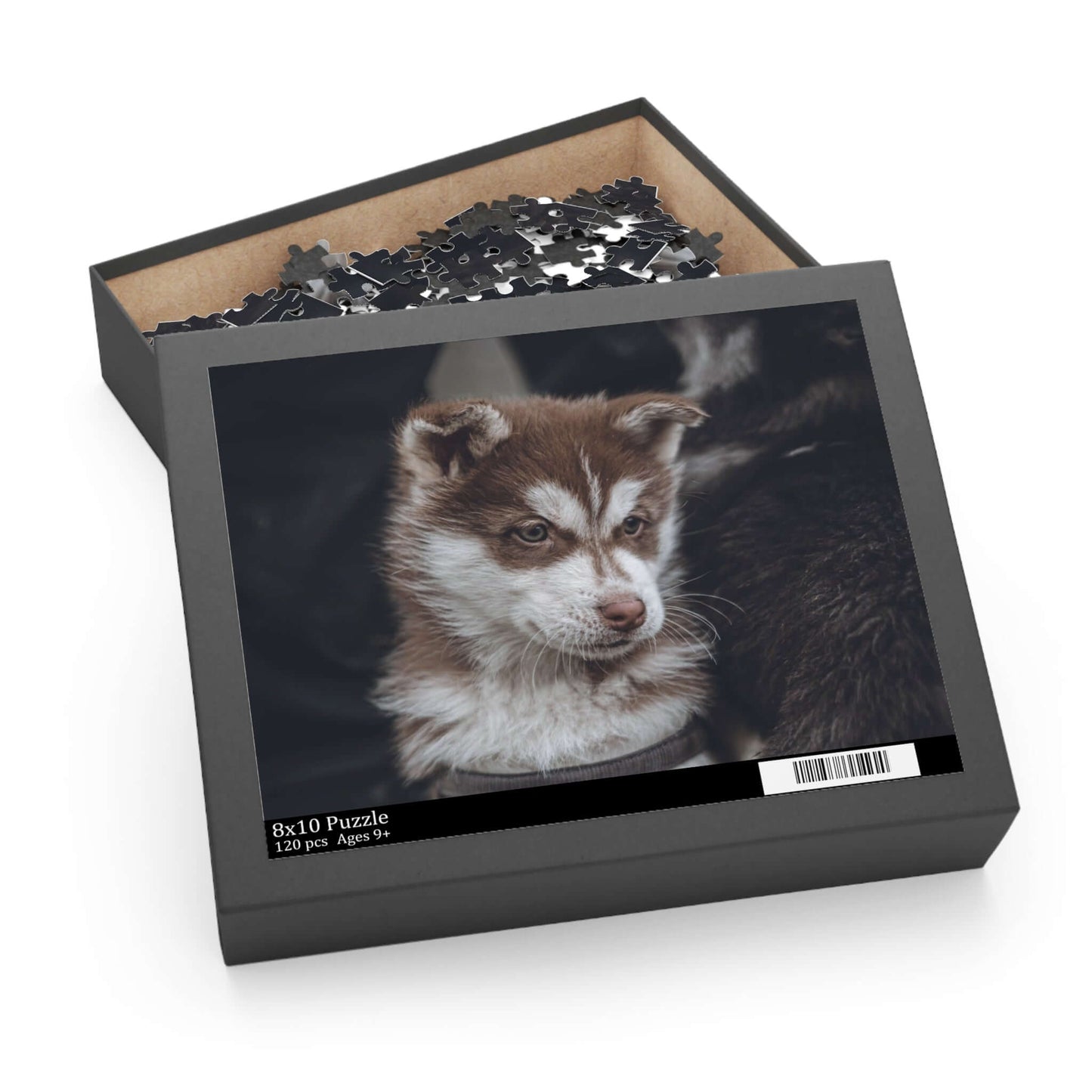 Cute puppy featured on custom puzzle box for a fun family activity.