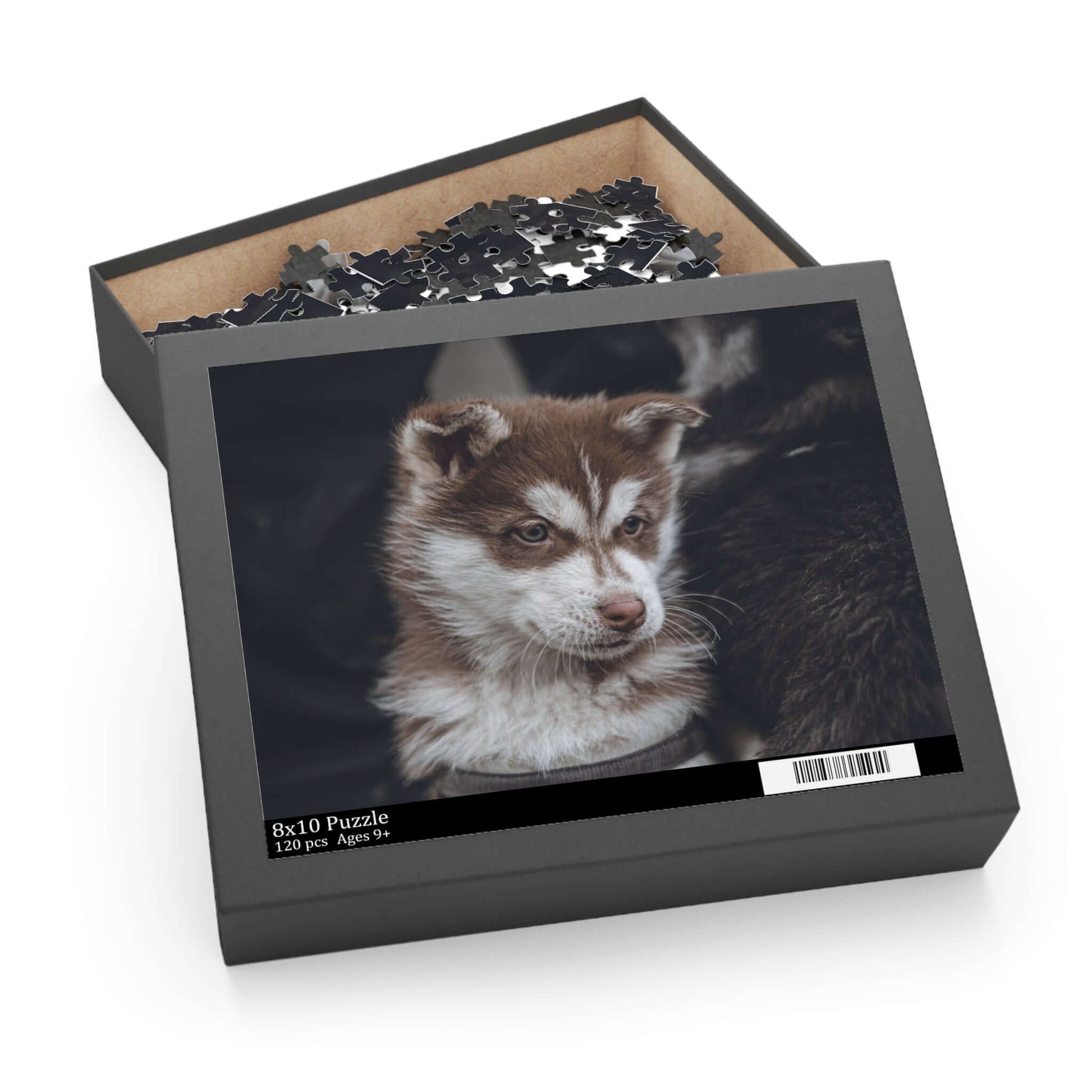 Cute puppy featured on custom puzzle box for a fun family activity.