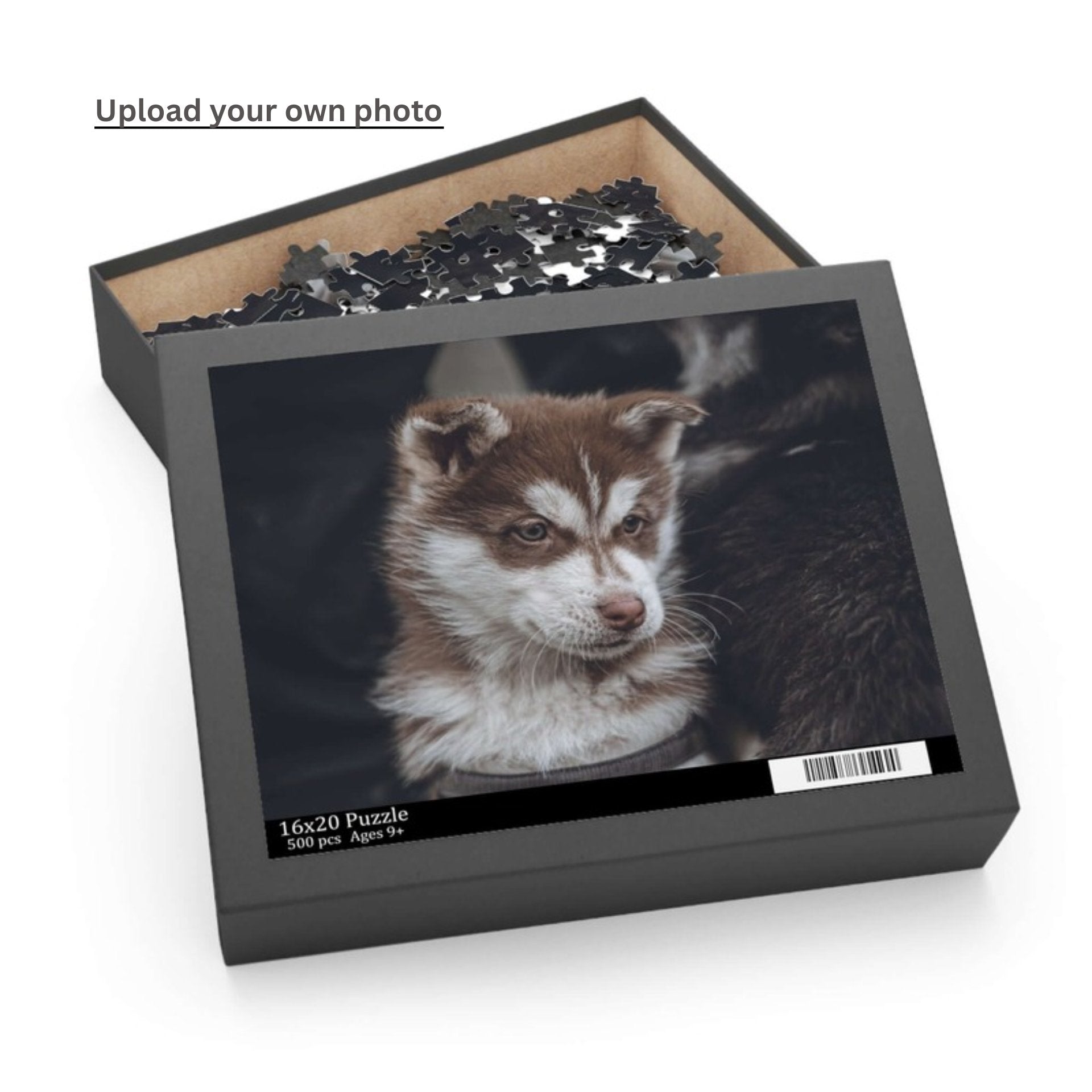 Custom puzzle box featuring a cute puppy design, perfect for family fun and memories.