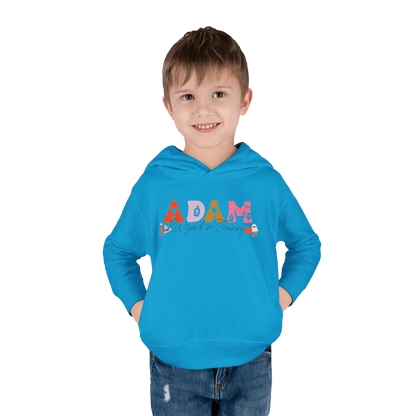 Spooky Toddler Hoodie – Personalized Halloween Pullover for Your Little Boo in blue with name Adam