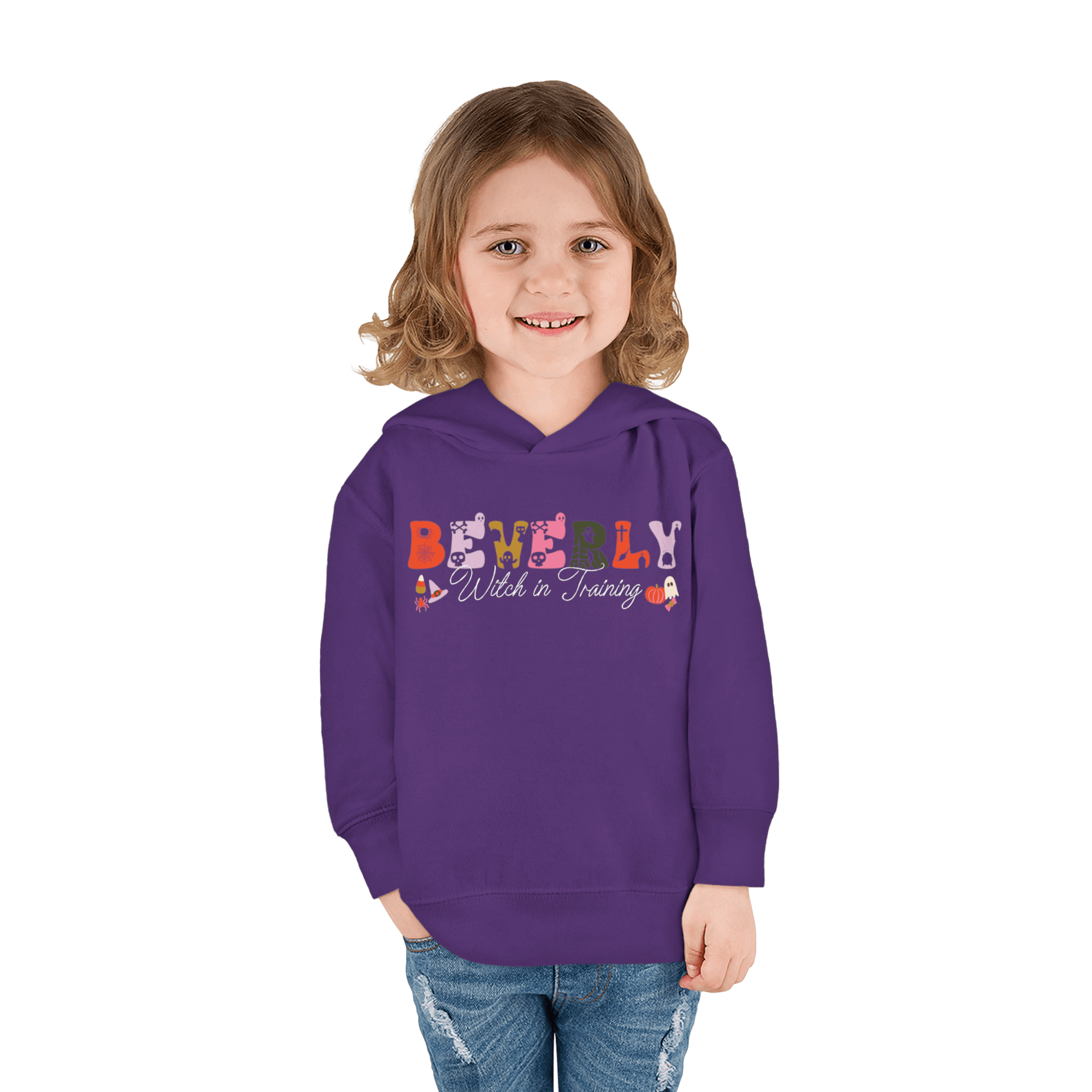 Spooky Toddler Hoodie – Personalized Halloween Pullover for Your Little Boo featuring a child wearing a purple hoodie.