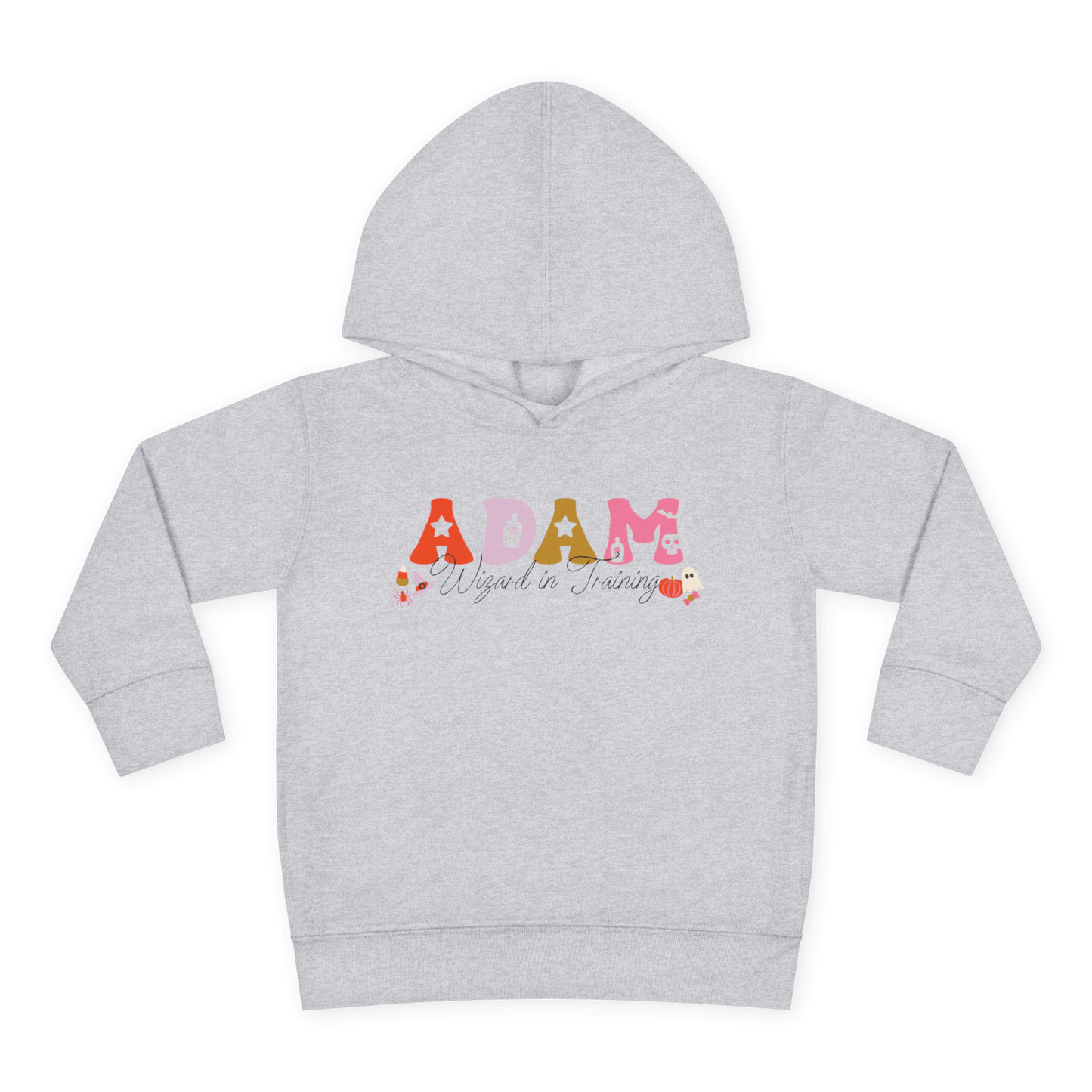 Spooky Toddler Hoodie – Personalized Halloween Pullover for Your Little Boo featuring the name Adam as a Wizard in Training.