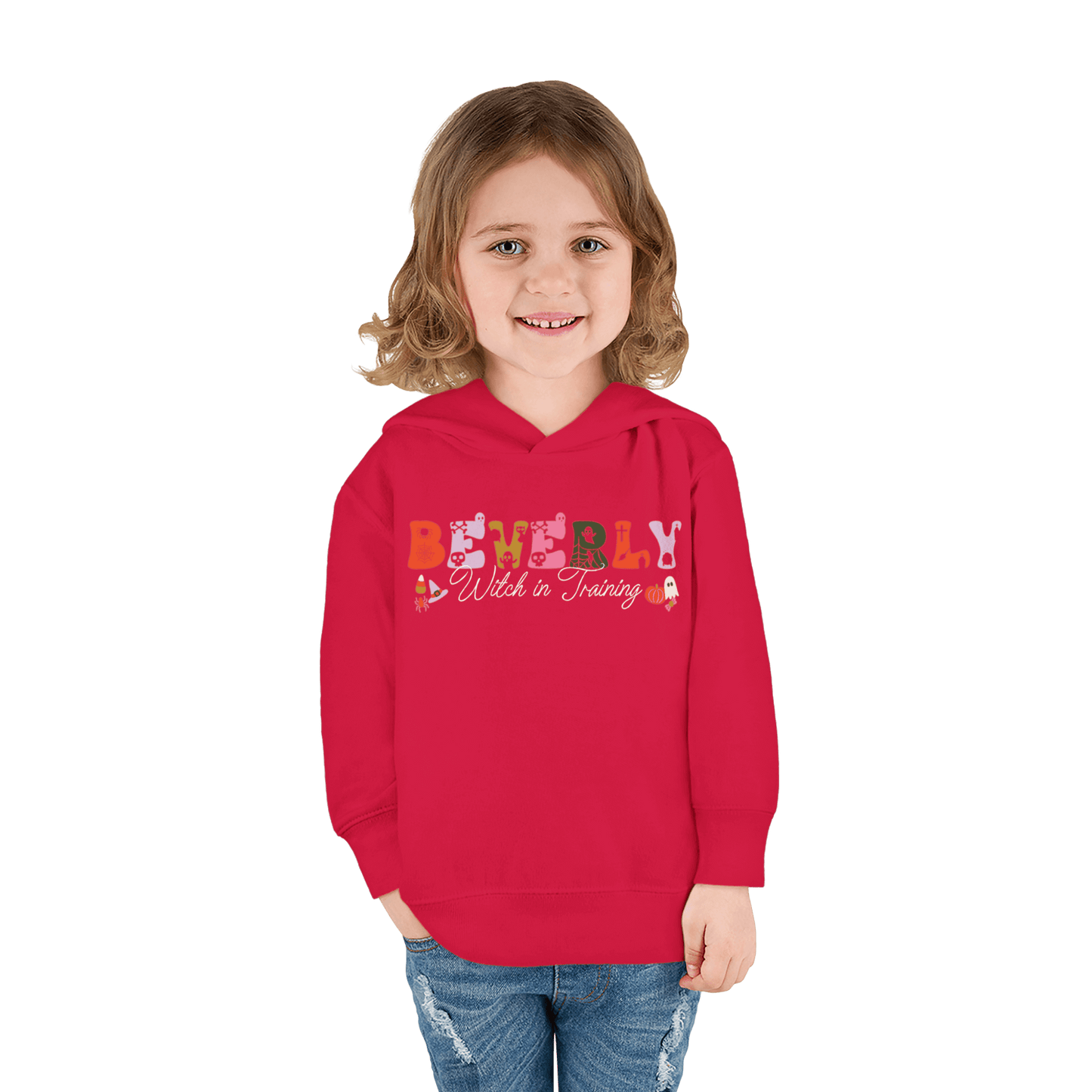 Spooky Toddler Hoodie – Personalized Halloween Pullover for Your Little Boo with name Beverly and Witch in Training.