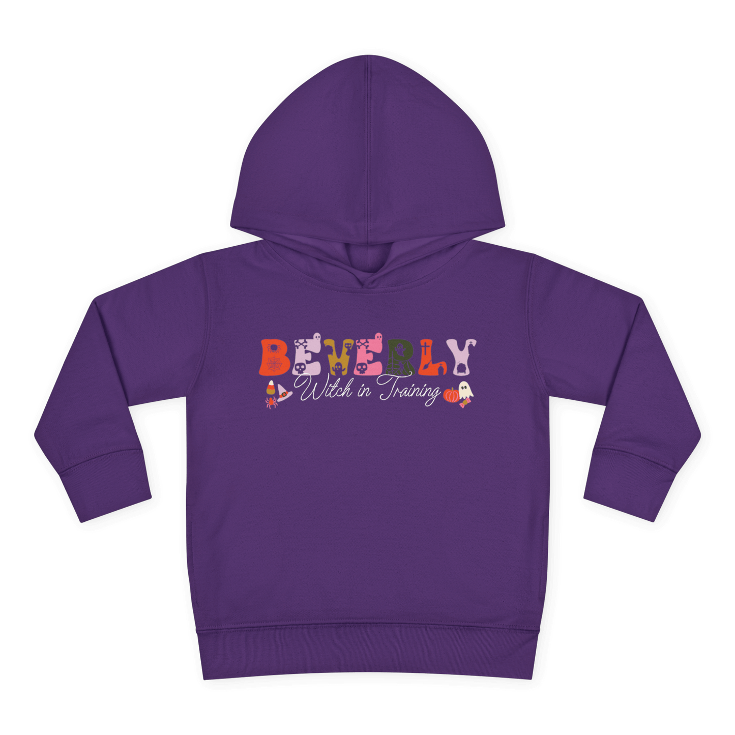 Spooky Toddler Hoodie – Personalized Halloween Pullover for Your Little Boo, featuring custom name 'Beverly' and playful graphics.