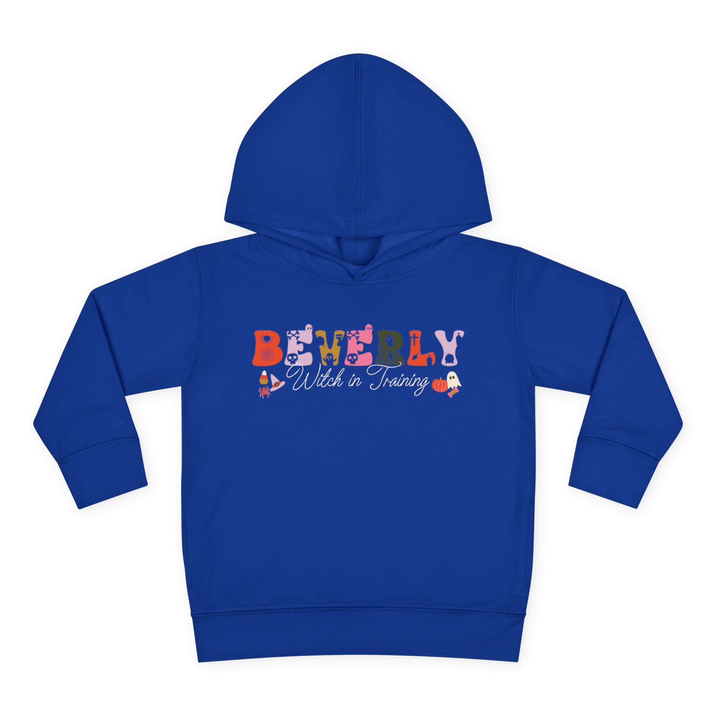 Spooky Toddler Hoodie – Personalized Halloween Pullover for Your Little Boo featuring name Beverly, Witch in Training design.