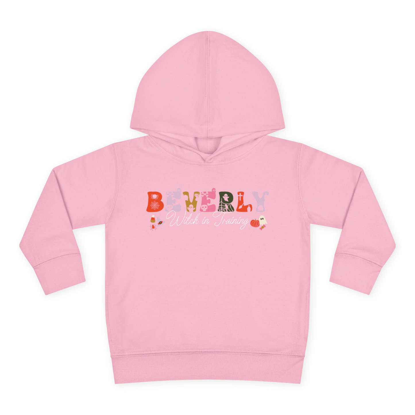 Spooky Toddler Hoodie – Personalized Halloween Pullover for Your Little Boo featuring custom name Beverly.